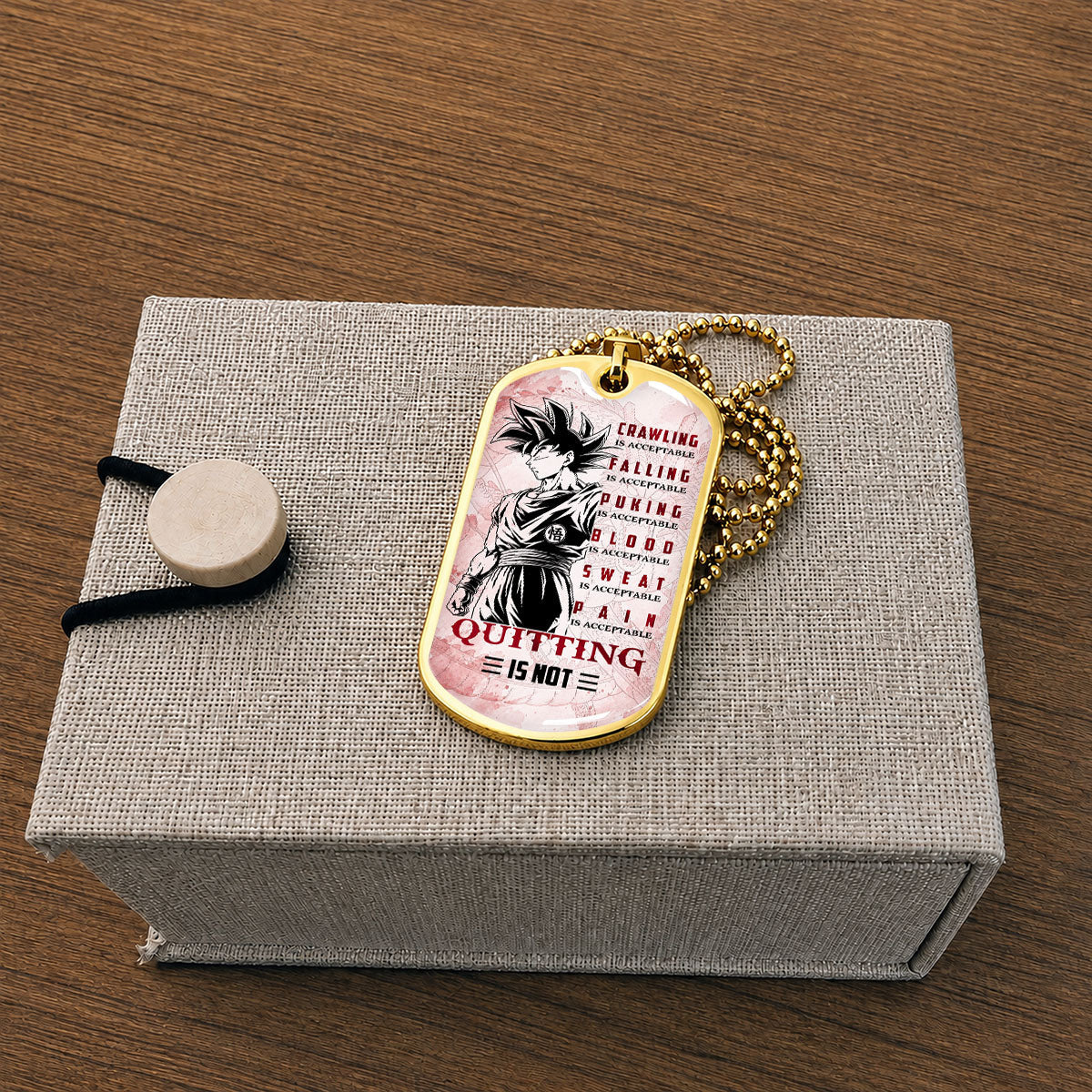 Personalized Dragon Ball Goku Dog Tag Necklace - Motivational Quote “Quitting Is Not” Stainless Steel Pendant - Anime Gift for DBZ Fans - DRDL055