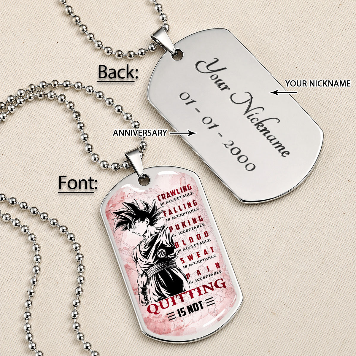 Personalized Dragon Ball Goku Dog Tag Necklace - Motivational Quote “Quitting Is Not” Stainless Steel Pendant - Anime Gift for DBZ Fans - DRDL055