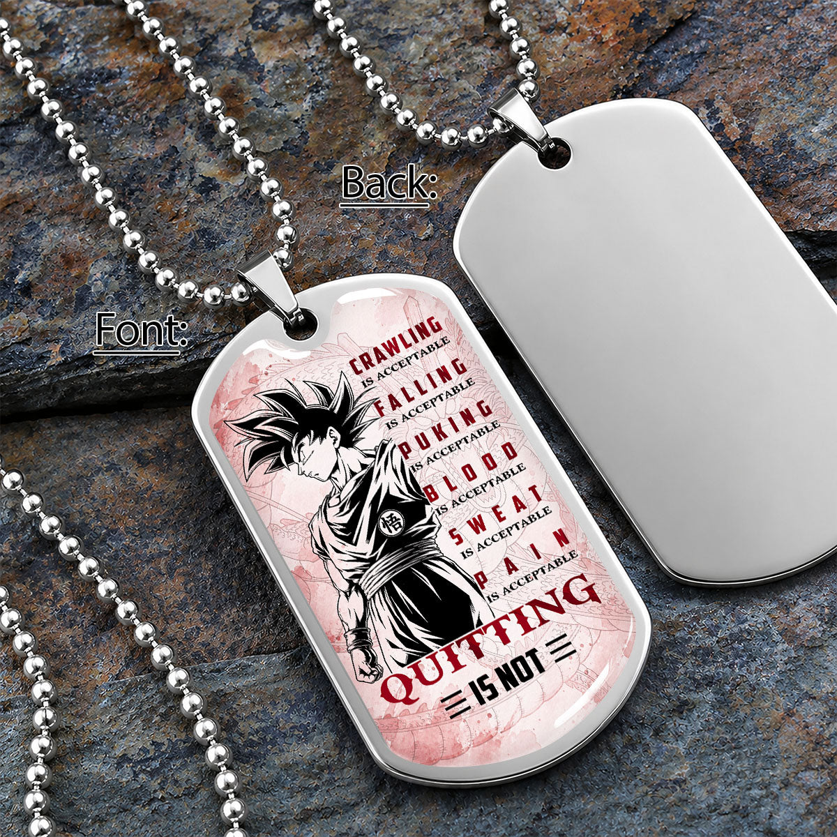 Personalized Dragon Ball Goku Dog Tag Necklace - Motivational Quote “Quitting Is Not” Stainless Steel Pendant - Anime Gift for DBZ Fans - DRDL055