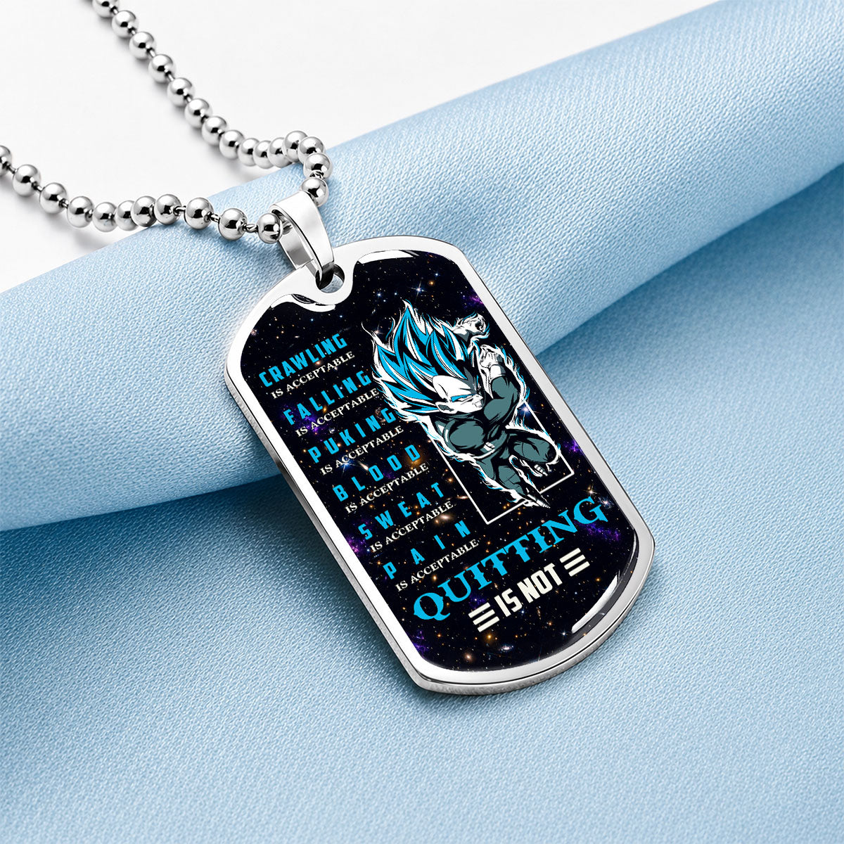 Custom Dragon Ball Super Saiyan Blue Vegeta Dog Tag Necklace - Motivational Quote “Quitting Is Not” Stainless Steel Pendant - Anime Gift for DBZ Fans - DRDL056