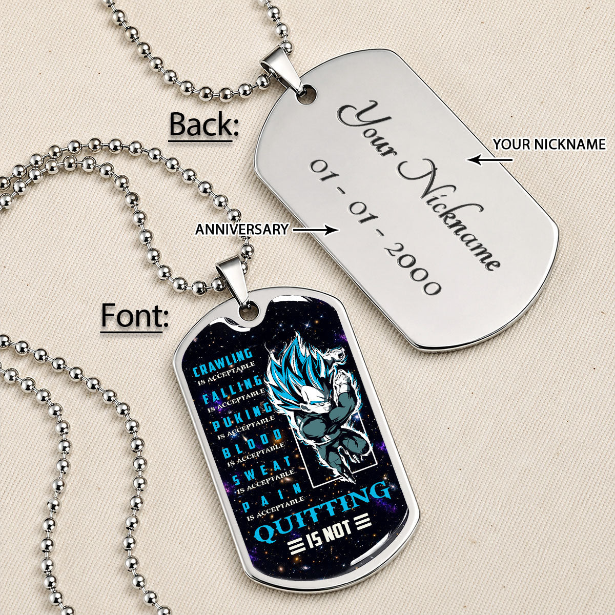 Custom Dragon Ball Super Saiyan Blue Vegeta Dog Tag Necklace - Motivational Quote “Quitting Is Not” Stainless Steel Pendant - Anime Gift for DBZ Fans - DRDL056
