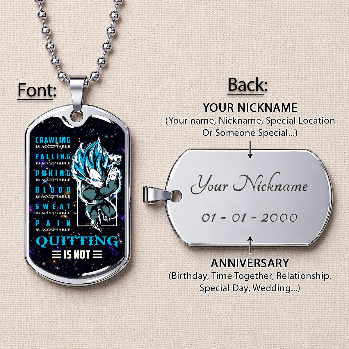 Dragon Ball Dog Tag Necklace - DRDL056 - Super Saiyan Blue Vegeta - Quitting Is Not - Military Ball Chain