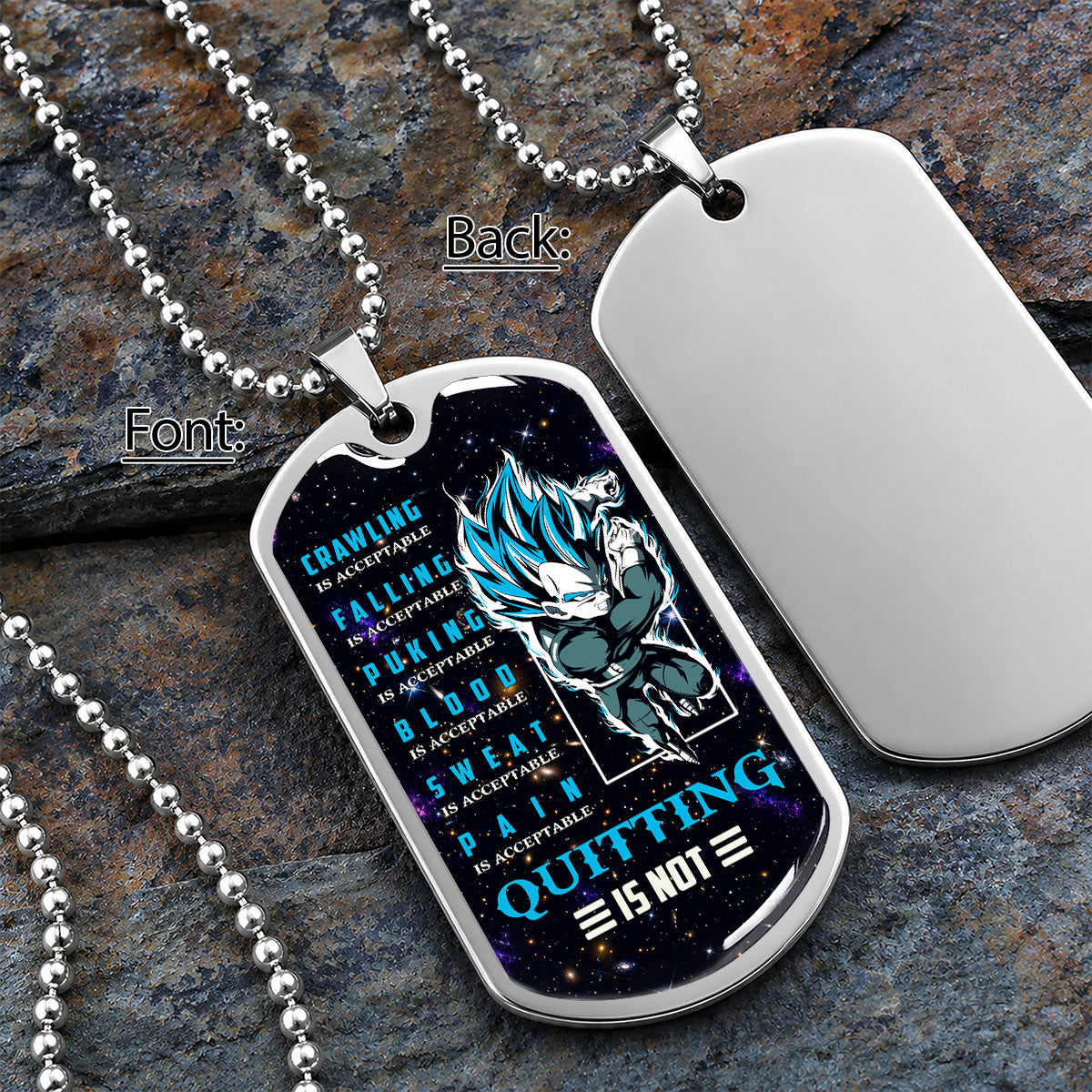 Custom Dragon Ball Super Saiyan Blue Vegeta Dog Tag Necklace - Motivational Quote “Quitting Is Not” Stainless Steel Pendant - Anime Gift for DBZ Fans - DRDL056