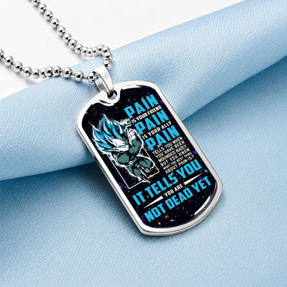 Custom Dragon Ball Saiyan Blue Vegeta Dog Tag Necklace - Motivational Quote “Pain Is Your Friend” Stainless Steel Pendant - Anime Gift for DBZ Fans - DRDL057