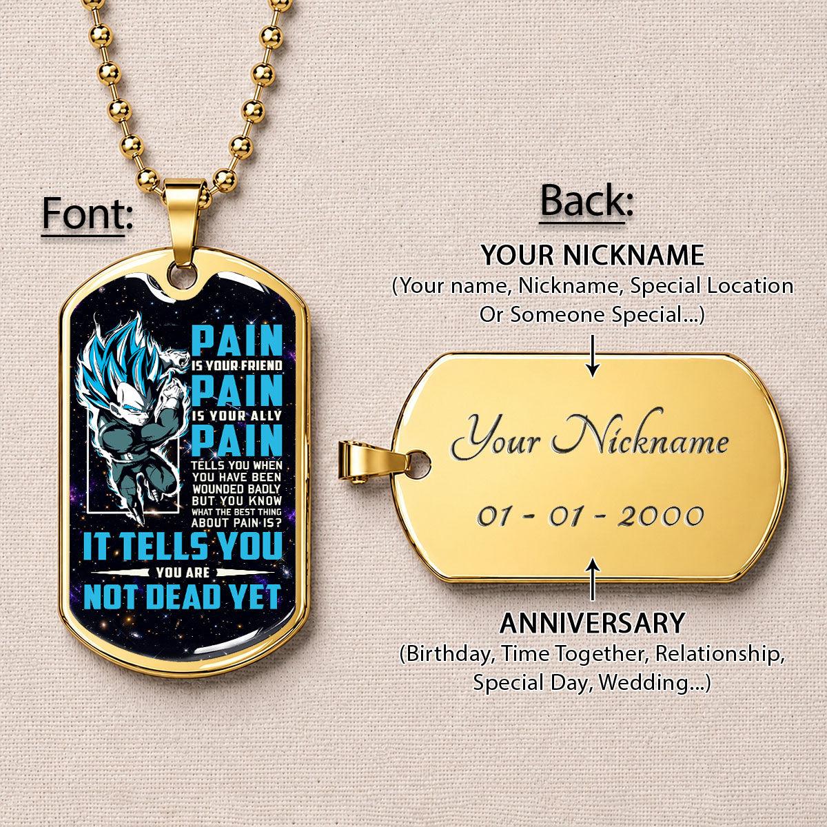 Custom Dragon Ball Saiyan Blue Vegeta Dog Tag Necklace - Motivational Quote “Pain Is Your Friend” Stainless Steel Pendant - Anime Gift for DBZ Fans - DRDL057