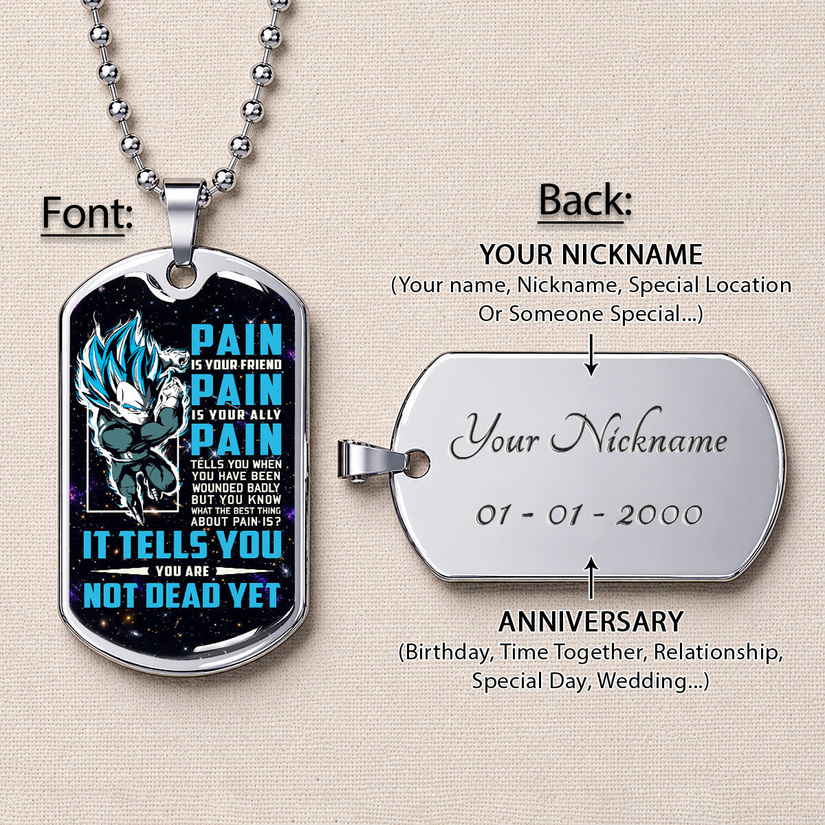 Custom Dragon Ball Saiyan Blue Vegeta Dog Tag Necklace - Motivational Quote “Pain Is Your Friend” Stainless Steel Pendant - Anime Gift for DBZ Fans - DRDL057