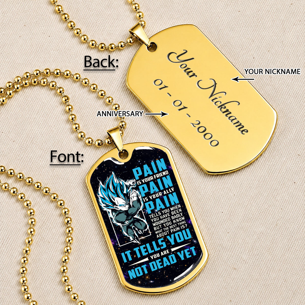 Custom Dragon Ball Saiyan Blue Vegeta Dog Tag Necklace - Motivational Quote “Pain Is Your Friend” Stainless Steel Pendant - Anime Gift for DBZ Fans - DRDL057