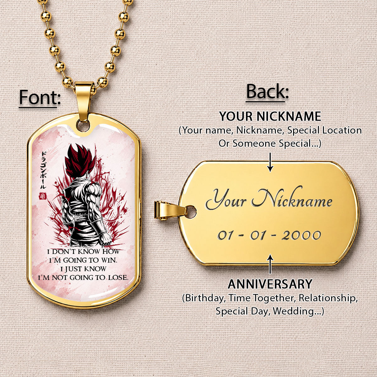 Dragon Ball Dog Tag Necklace - DRDL058 - Super Saiyan God Vegito - I'm Not Going To Lose - Military Ball Chain