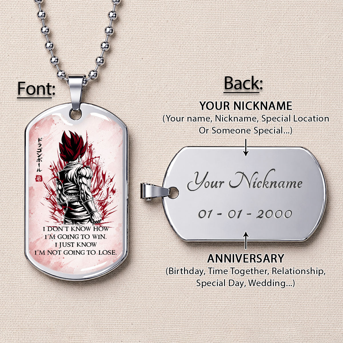 Custom Dragon Ball Saiyan God Vegito Dog Tag Necklace - Motivational Quote "I'm Not Going To Lose" Stainless Steel Pendant - Anime Gift for DBZ Fans - DRDL058