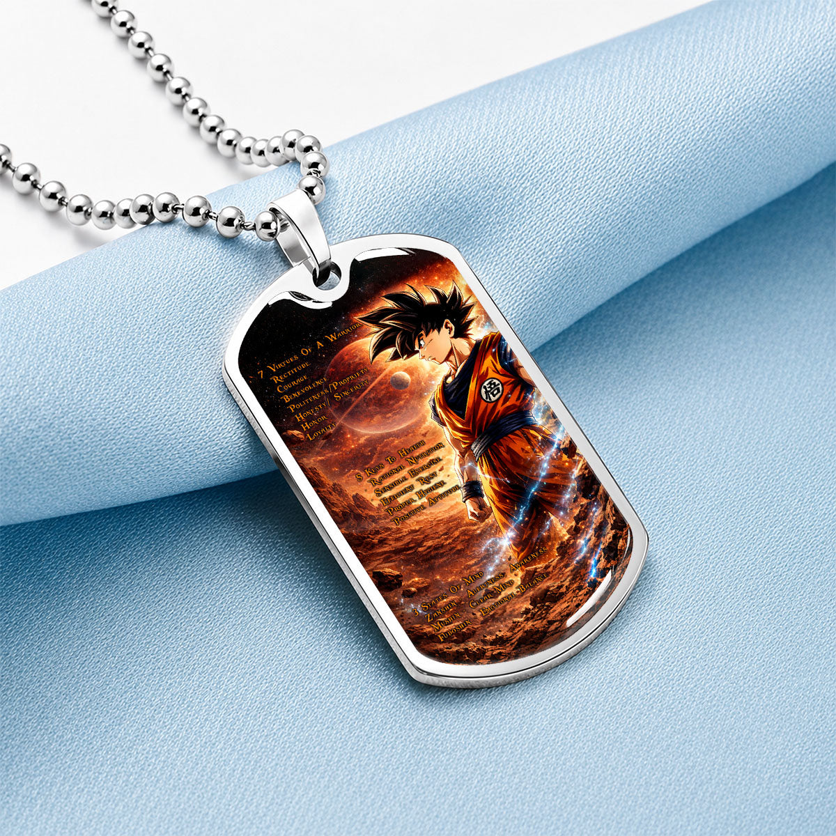 Custom Dragon Ball Goku Dog Tag Necklace - Motivational Quote “7 Virtues of a Warrior & 5 Keys to Health” Stainless Steel Pendant - Gift for DBZ Fans - DRDL080