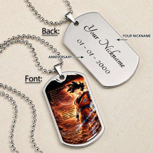 Custom Dragon Ball Goku Dog Tag Necklace - Motivational Quote “7 Virtues of a Warrior & 5 Keys to Health” Stainless Steel Pendant - Gift for DBZ Fans - DRDL080