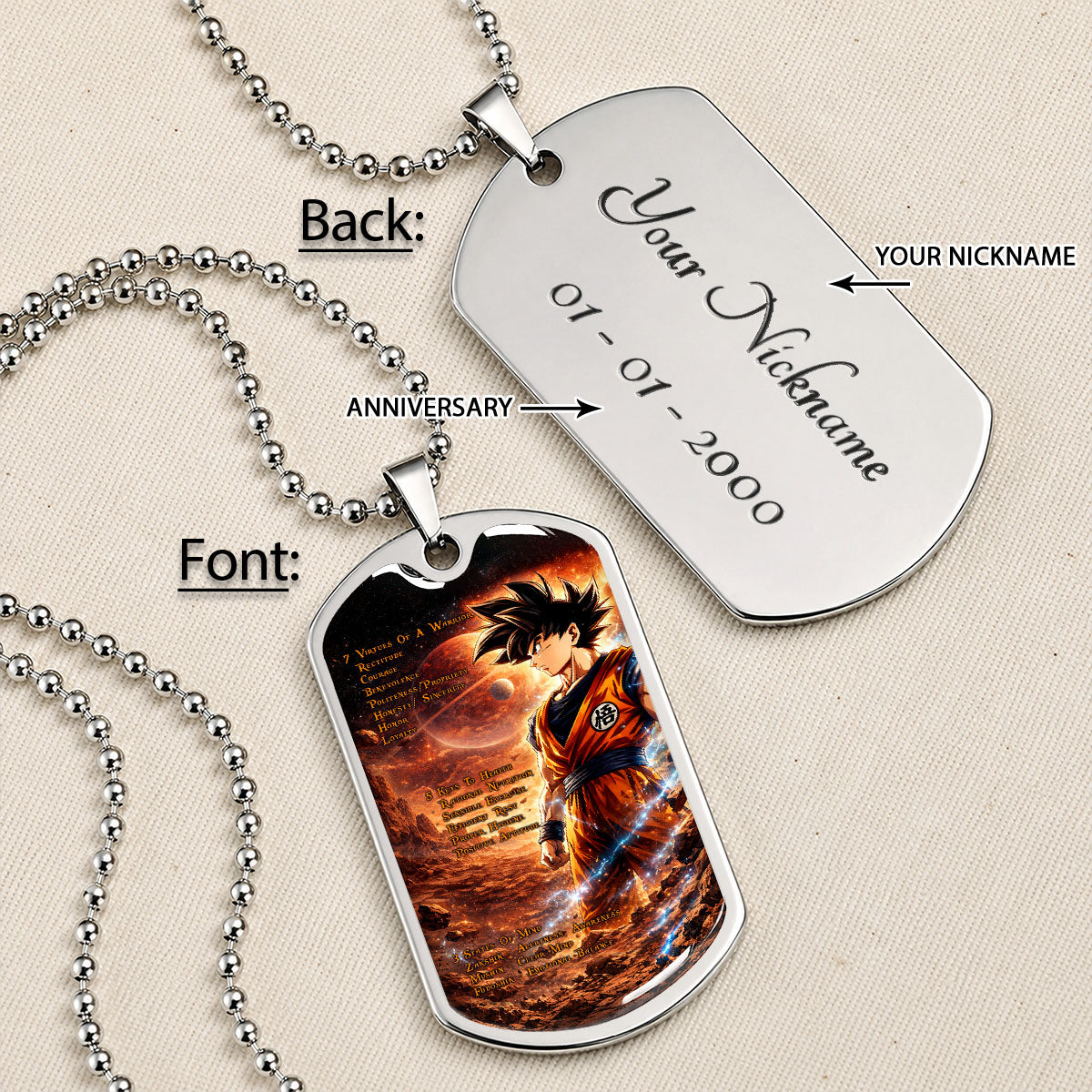 Dragon Ball Dog Tag Necklace - DRDL080 - Goku - 7 Virtues of a Warrior - 5 Keys to Health - Military Ball Chain