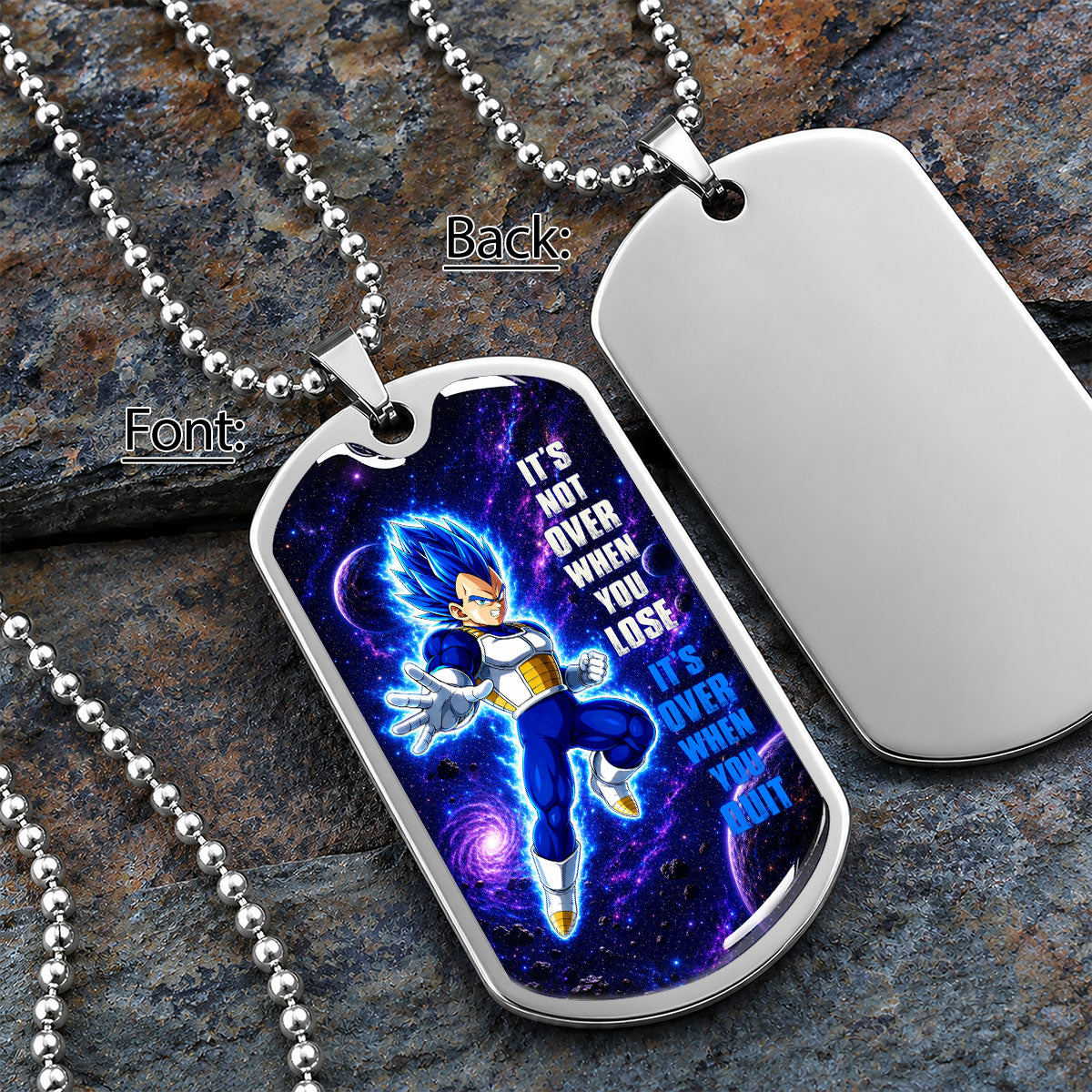 Custom Dragon Ball Saiyan Blue Vegeta Dog Tag Necklace - Motivational Quote “It's Not Over When You Lose” Stainless Steel Pendant - Gift for DBZ Fans - DRDL083