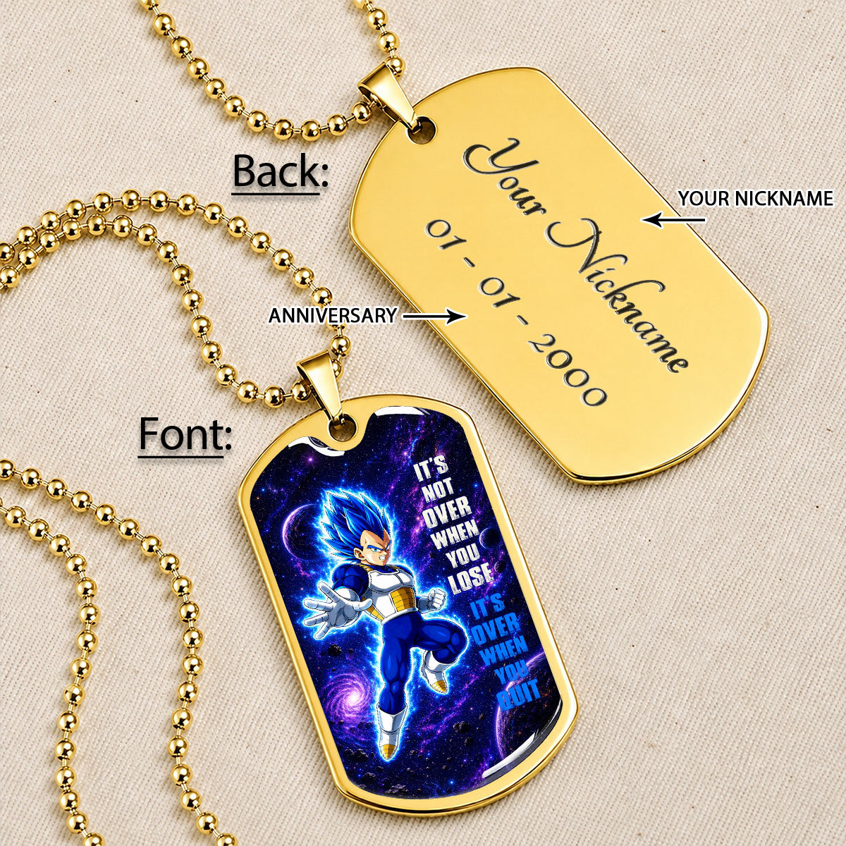 Dragon Ball Dog Tag Necklace - DRDL083 - Super Saiyan Blue Vegeta - It's Not Over When You Lose - Military Ball Chain