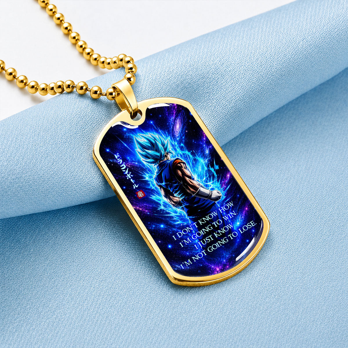 Custom Dragon Ball Saiyan Blue Vegito Dog Tag Necklace - Motivational Quote "I'm Not Going To Lose" Stainless Steel Pendant - Anime Gift for DBZ Fans - DRDL098