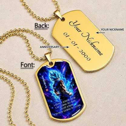 Custom Dragon Ball Saiyan Blue Vegito Dog Tag Necklace - Motivational Quote "I'm Not Going To Lose" Stainless Steel Pendant - Anime Gift for DBZ Fans - DRDL098