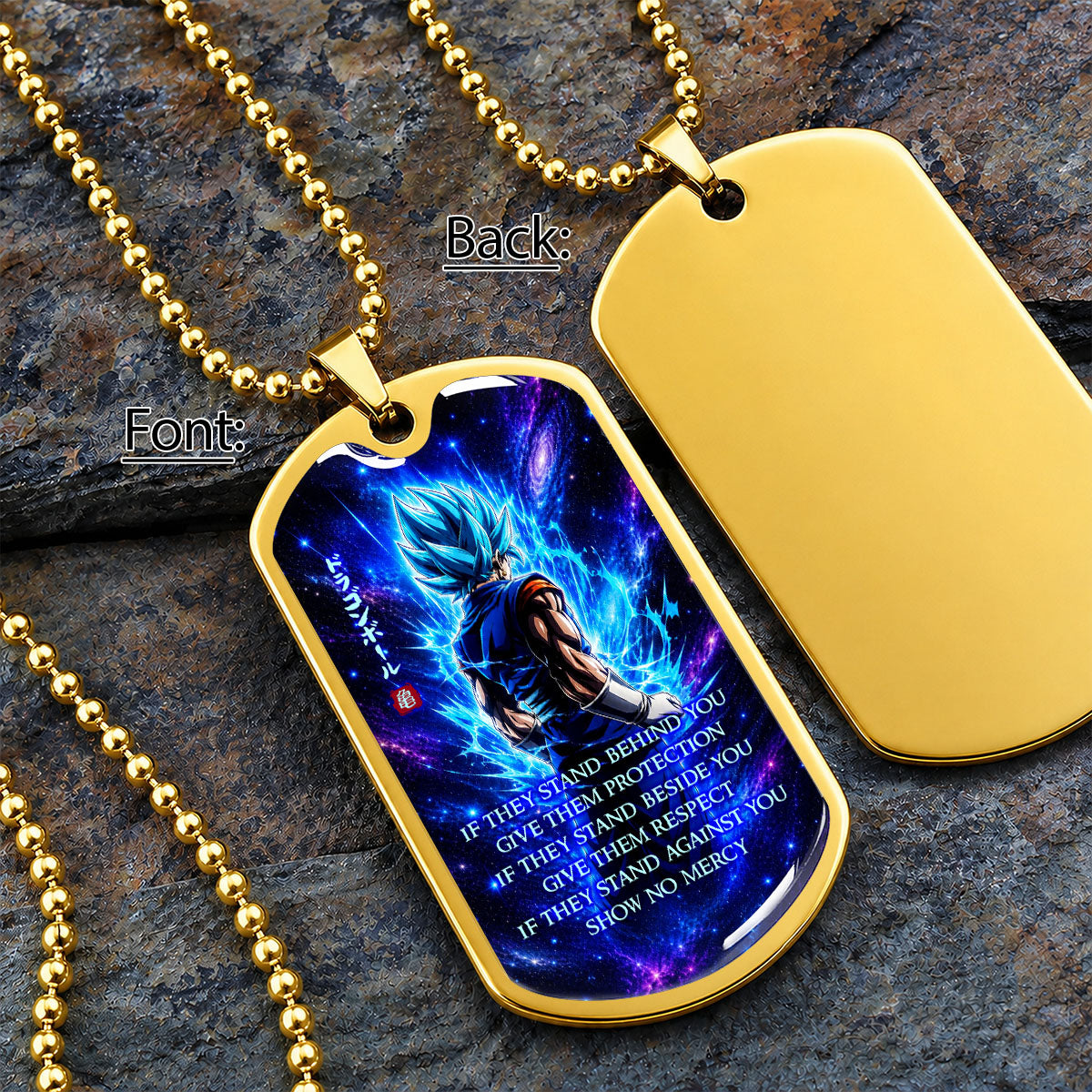 Custom Dragon Ball Super Saiyan Blue Vegito Dog Tag Necklace - Motivational Quote “Show No Mercy” Stainless Steel Pendant - Anime Gift for DBZ Fans - DRDL099