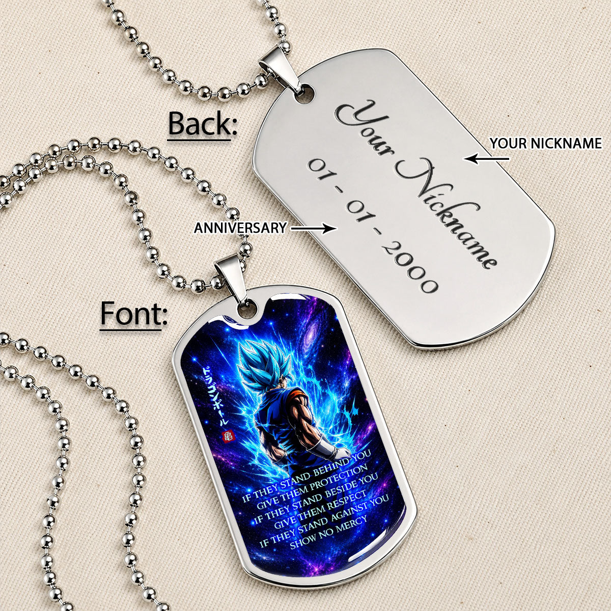 Custom Dragon Ball Super Saiyan Blue Vegito Dog Tag Necklace - Motivational Quote “Show No Mercy” Stainless Steel Pendant - Anime Gift for DBZ Fans - DRDL099