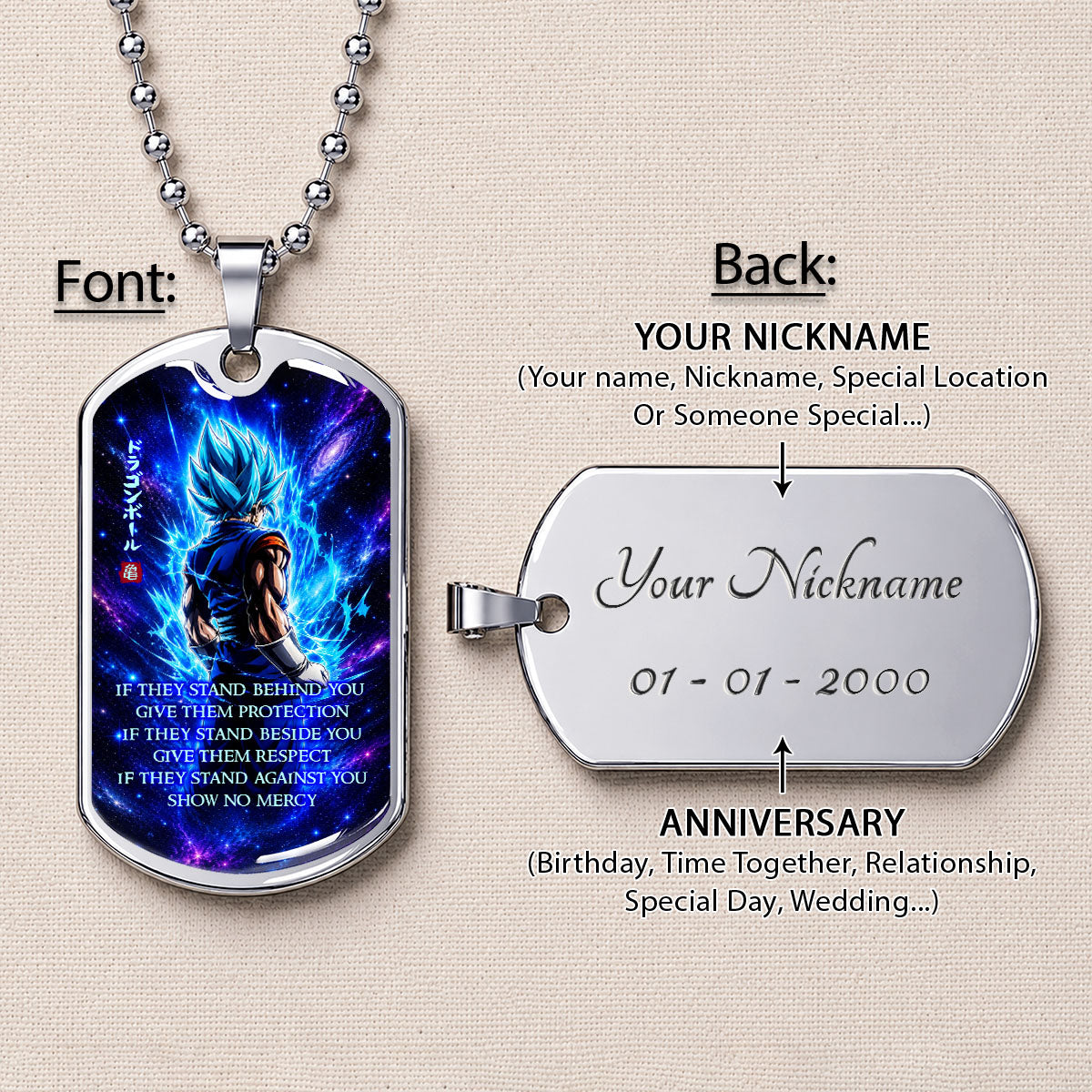 Custom Dragon Ball Super Saiyan Blue Vegito Dog Tag Necklace - Motivational Quote “Show No Mercy” Stainless Steel Pendant - Anime Gift for DBZ Fans - DRDL099