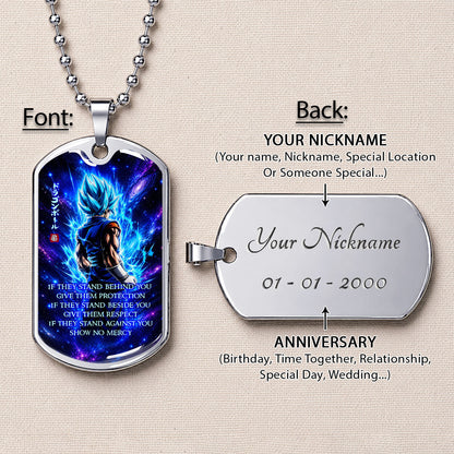 Custom Dragon Ball Super Saiyan Blue Vegito Dog Tag Necklace - Motivational Quote “Show No Mercy” Stainless Steel Pendant - Anime Gift for DBZ Fans - DRDL099