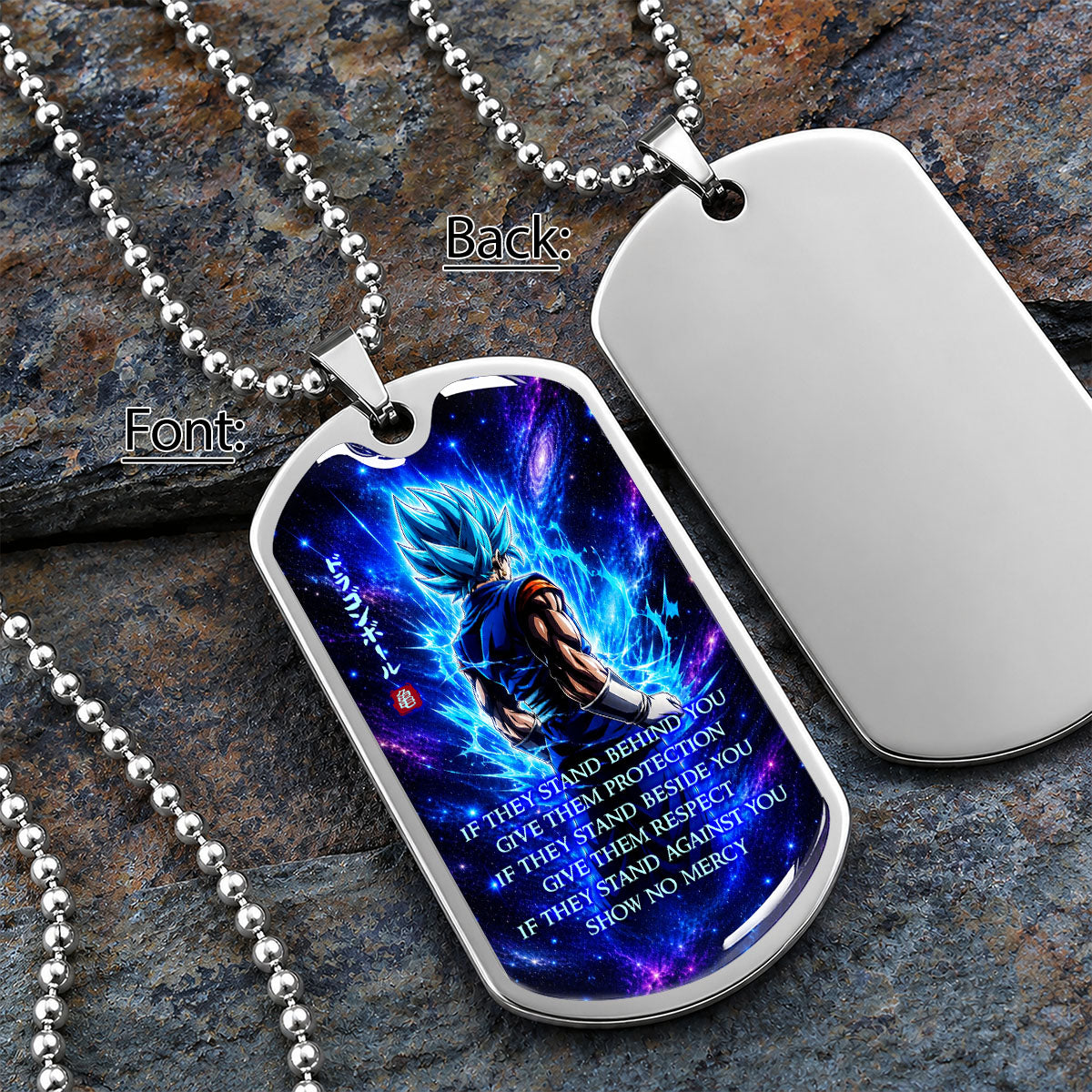 Custom Dragon Ball Super Saiyan Blue Vegito Dog Tag Necklace - Motivational Quote “Show No Mercy” Stainless Steel Pendant - Anime Gift for DBZ Fans - DRDL099