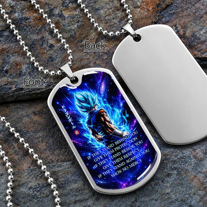 Custom Dragon Ball Super Saiyan Blue Vegito Dog Tag Necklace - Motivational Quote “Show No Mercy” Stainless Steel Pendant - Anime Gift for DBZ Fans - DRDL099
