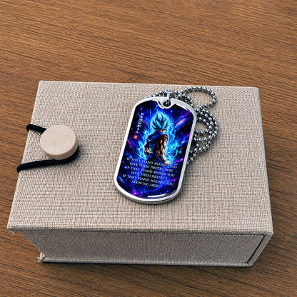 Custom Dragon Ball Super Saiyan Blue Vegito Dog Tag Necklace - Motivational Quote “Show No Mercy” Stainless Steel Pendant - Anime Gift for DBZ Fans - DRDL099