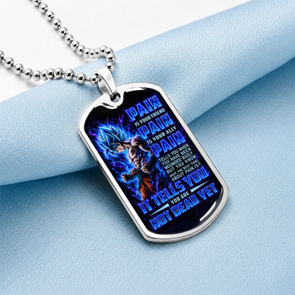 Custom Dragon Ball Super Saiyan Blue Goku Dog Tag Necklace - Motivational Quote “Pain Is Your Friend” Stainless Steel Pendant - Gift for DBZ Fans - DRDL100