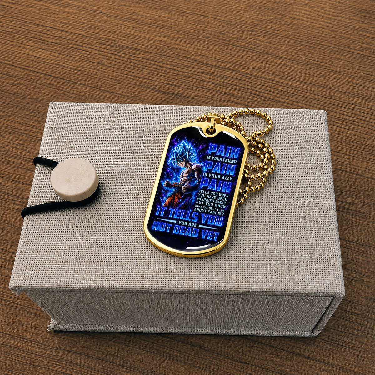 Dragon Ball Dog Tag Necklace - DRDL100 - Super Saiyan Blue Goku - Pain Is Your Friend - Military Ball Chain