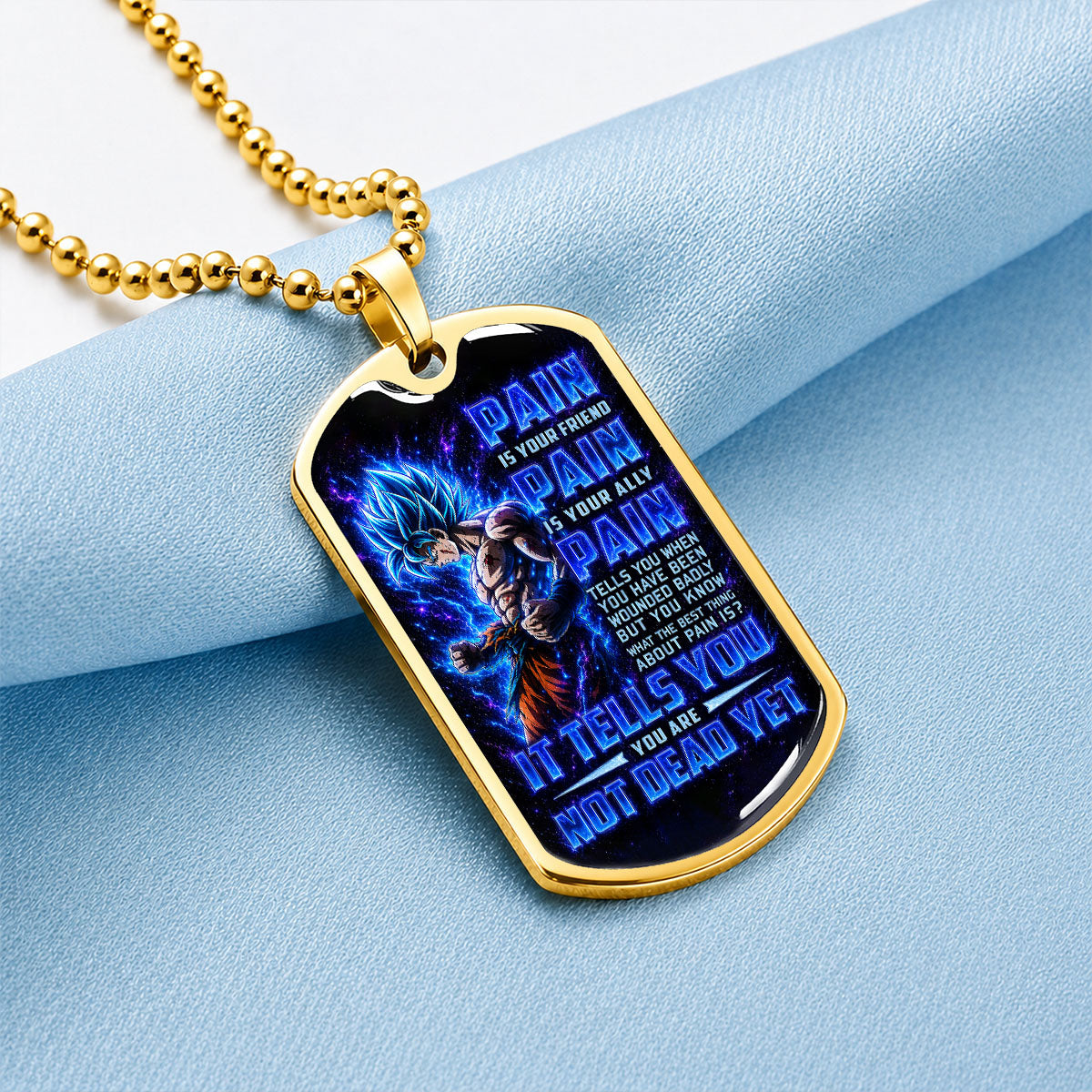 Custom Dragon Ball Super Saiyan Blue Goku Dog Tag Necklace - Motivational Quote “Pain Is Your Friend” Stainless Steel Pendant - Gift for DBZ Fans - DRDL100