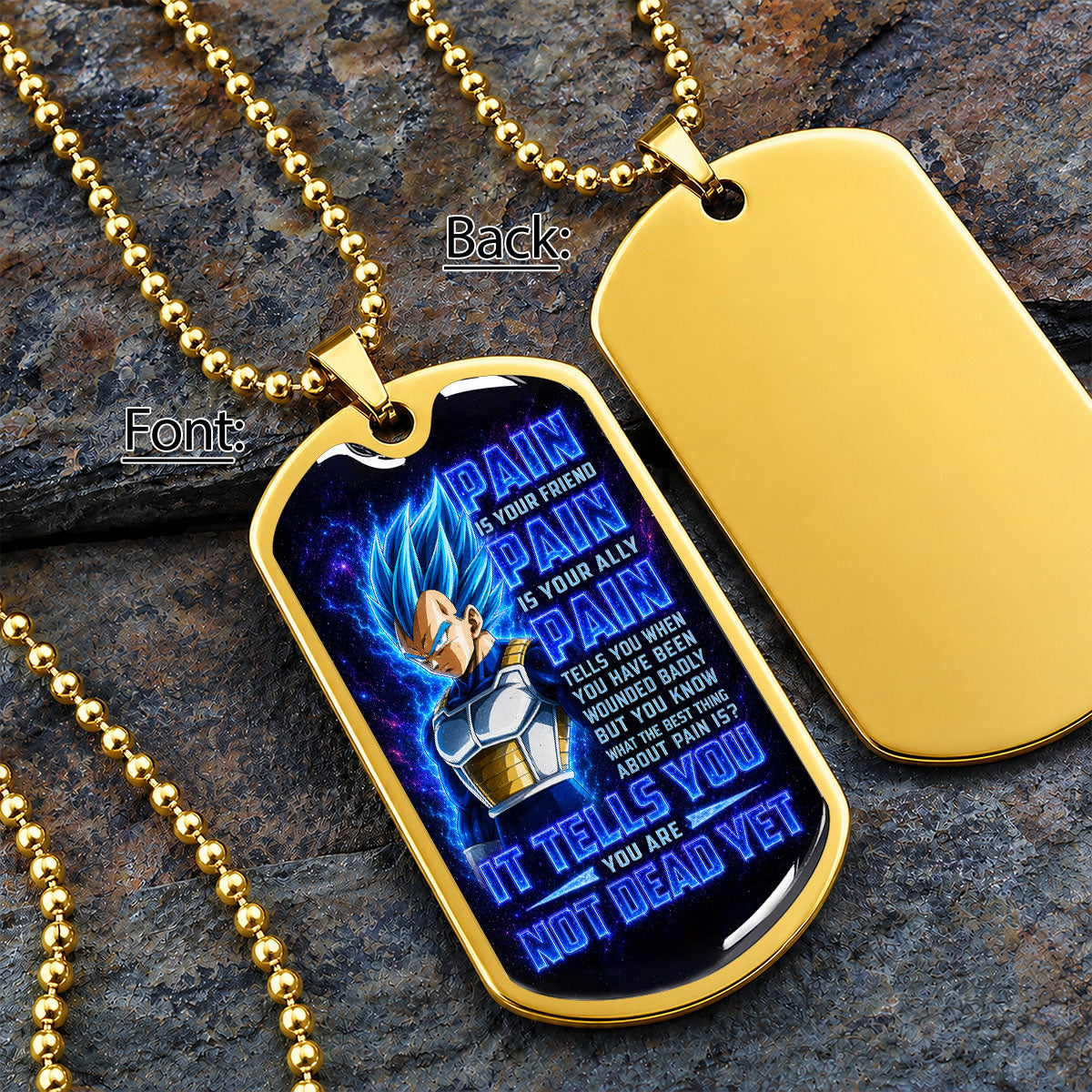 Dragon Ball Dog Tag Necklace - DRDL102 - Super Saiyan Blue Vegeta - Pain Is Your Friend - Military Ball Chain
