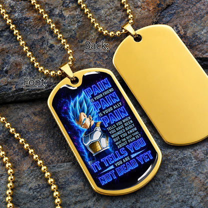 Dragon Ball Dog Tag Necklace - DRDL102 - Super Saiyan Blue Vegeta - Pain Is Your Friend - Military Ball Chain