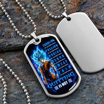 Custom Dragon Ball Super Saiyan Blue Goku Dog Tag Necklace - Motivational Quote “Quitting Is Not” Stainless Steel Pendant - Anime Gift for DBZ Fans - DRDL103