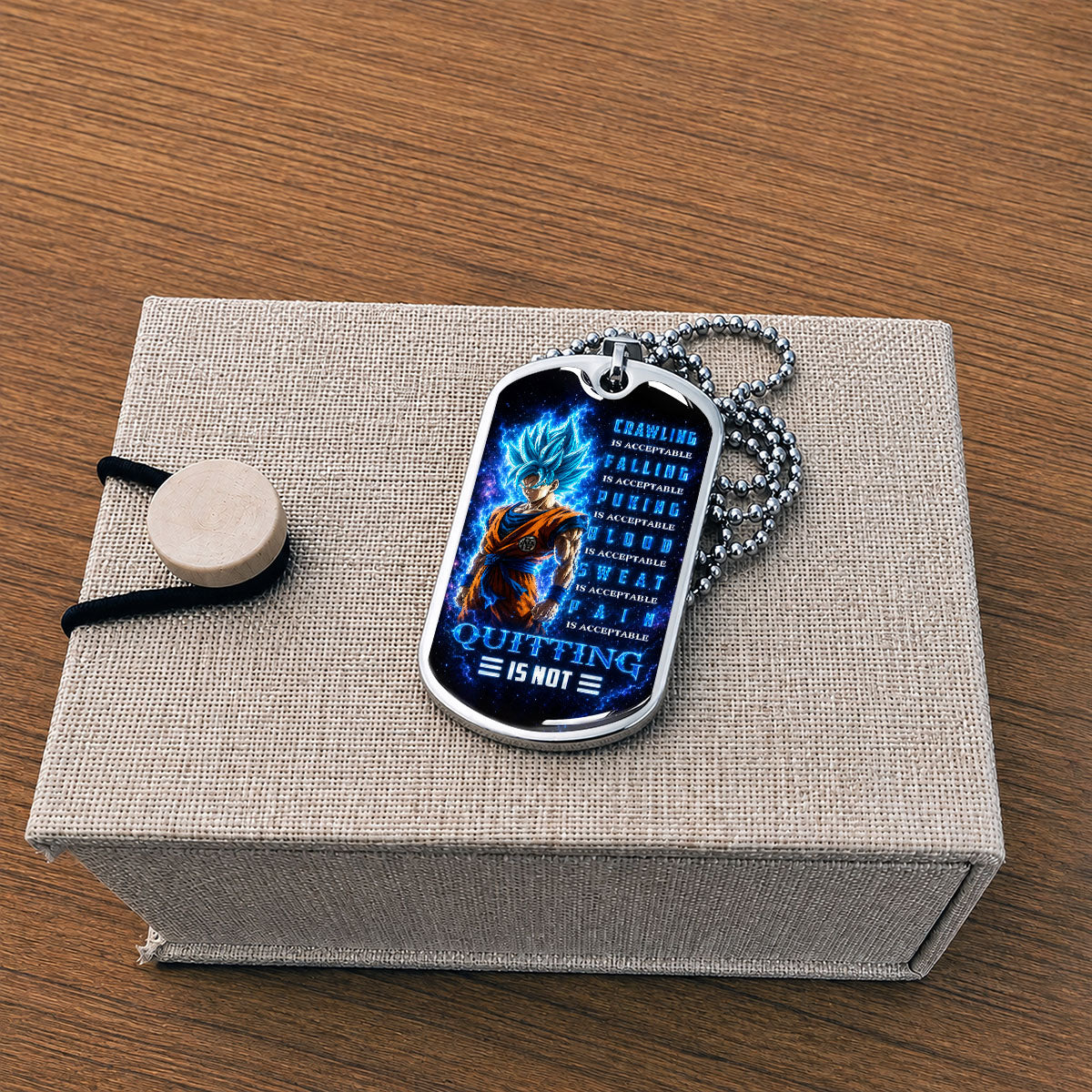 Custom Dragon Ball Super Saiyan Blue Goku Dog Tag Necklace - Motivational Quote “Quitting Is Not” Stainless Steel Pendant - Anime Gift for DBZ Fans - DRDL103
