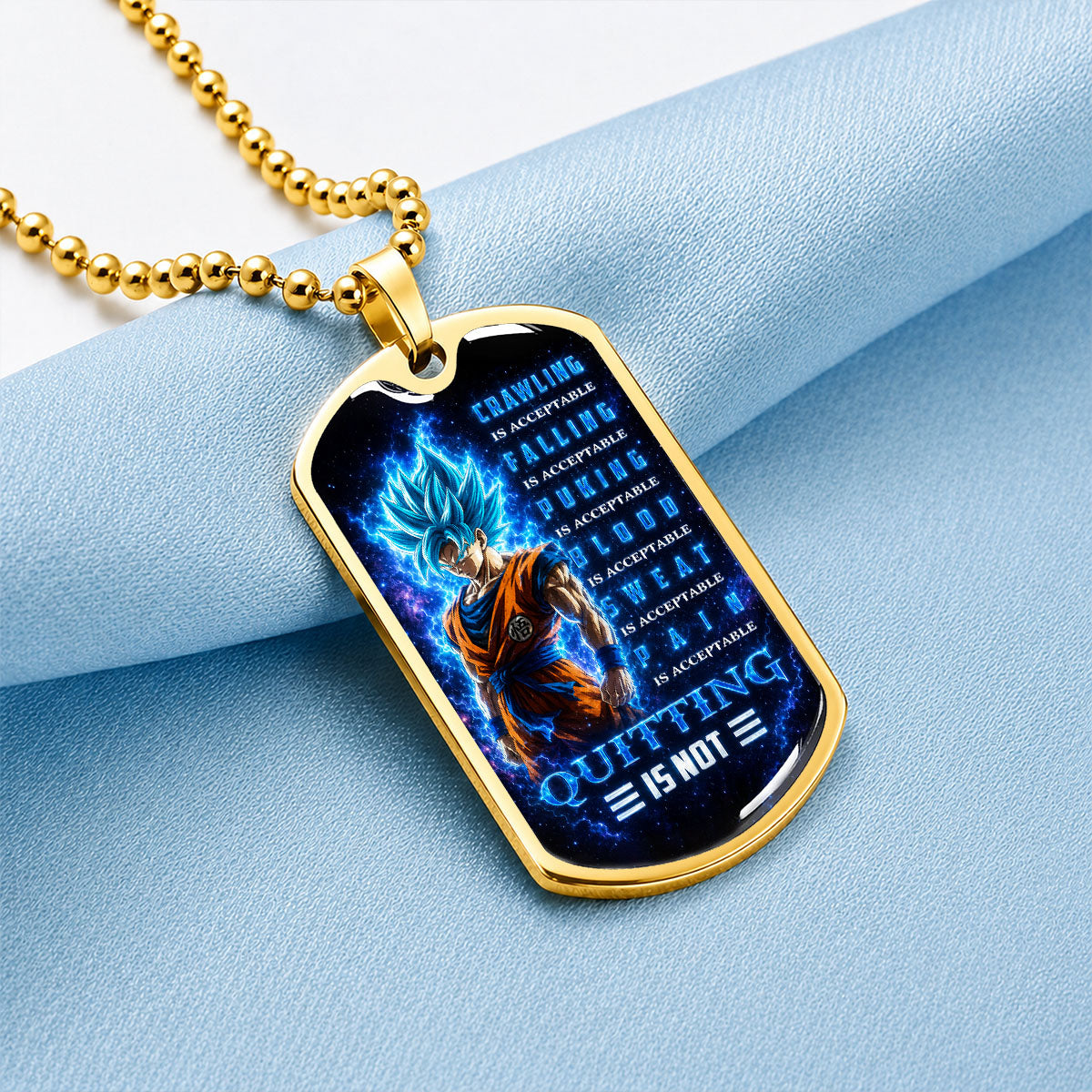 Custom Dragon Ball Super Saiyan Blue Goku Dog Tag Necklace - Motivational Quote “Quitting Is Not” Stainless Steel Pendant - Anime Gift for DBZ Fans - DRDL103
