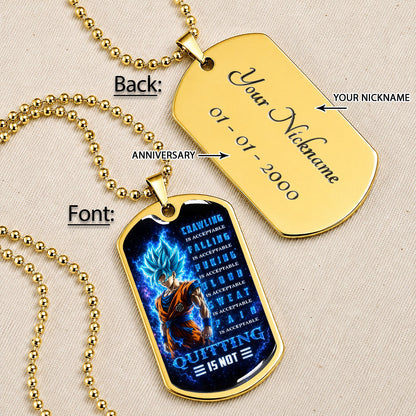 Custom Dragon Ball Super Saiyan Blue Goku Dog Tag Necklace - Motivational Quote “Quitting Is Not” Stainless Steel Pendant - Anime Gift for DBZ Fans - DRDL103