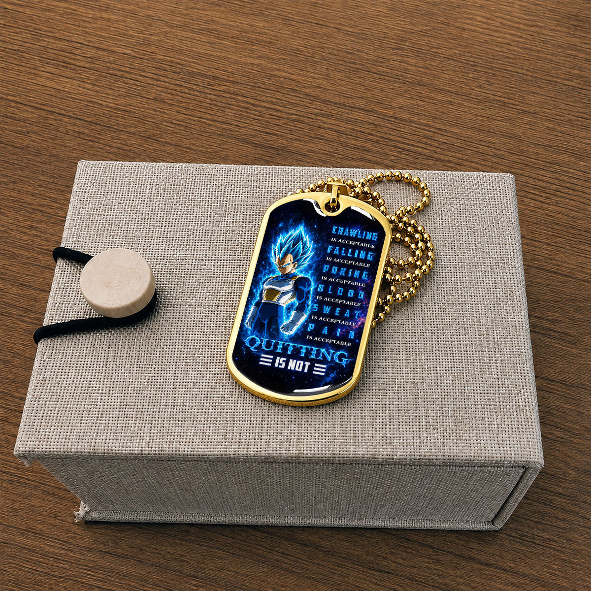 Custom Dragon Ball Super Saiyan Blue Vegeta Dog Tag Necklace - Motivational Quote “Quitting Is Not” Stainless Steel Pendant - Anime Gift for DBZ Fans - DRDL104