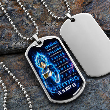 Custom Dragon Ball Super Saiyan Blue Vegeta Dog Tag Necklace - Motivational Quote “Quitting Is Not” Stainless Steel Pendant - Anime Gift for DBZ Fans - DRDL104