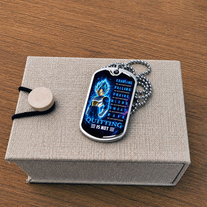 Custom Dragon Ball Super Saiyan Blue Vegeta Dog Tag Necklace - Motivational Quote “Quitting Is Not” Stainless Steel Pendant - Anime Gift for DBZ Fans - DRDL104