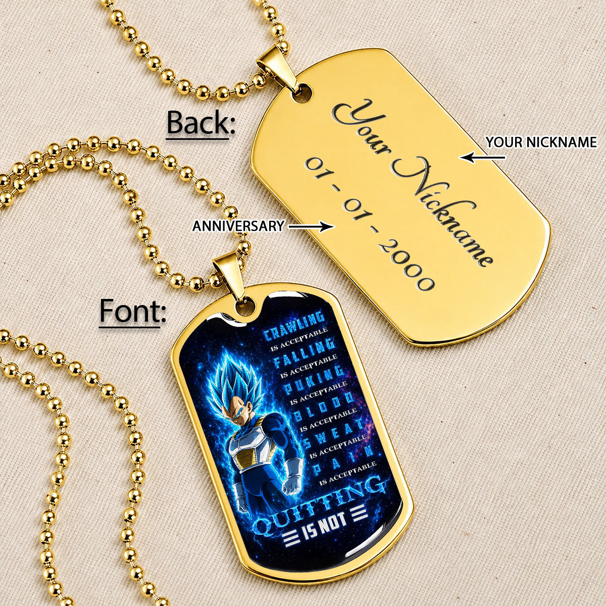 Custom Dragon Ball Super Saiyan Blue Vegeta Dog Tag Necklace - Motivational Quote “Quitting Is Not” Stainless Steel Pendant - Anime Gift for DBZ Fans - DRDL104