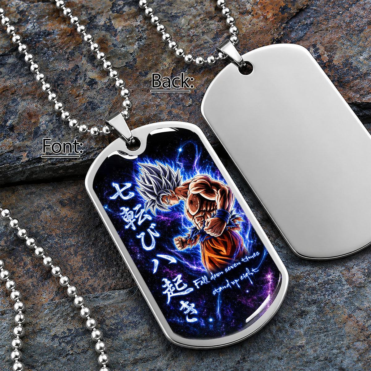 Custom Dragon Ball Ultra Instinct Goku Dog Tag Necklace - Fall Down Seven Times Stand Up Eight” Stainless Steel Pendant - Anime Gift for DBZ Fans - DRDL105