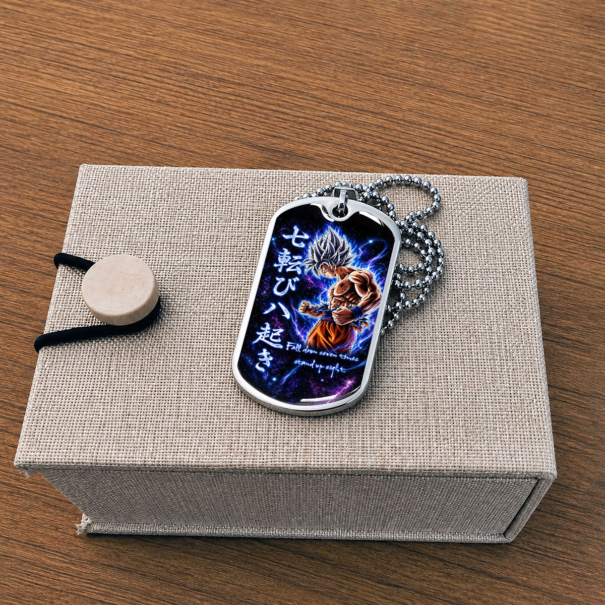 Custom Dragon Ball Ultra Instinct Goku Dog Tag Necklace - Fall Down Seven Times Stand Up Eight” Stainless Steel Pendant - Anime Gift for DBZ Fans - DRDL105