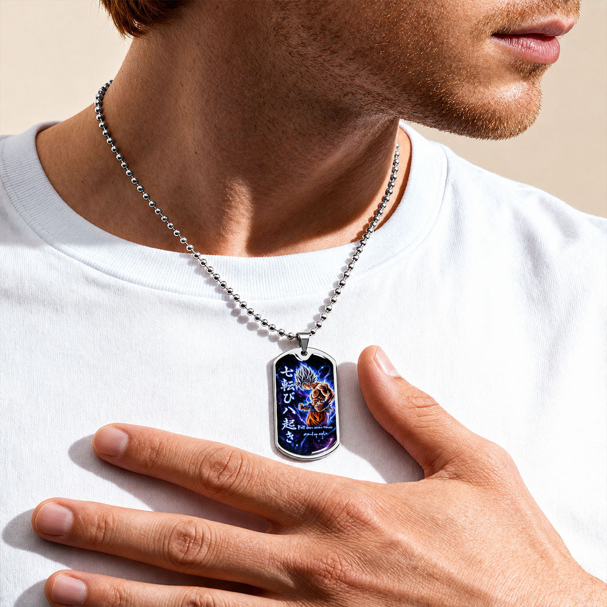Dragon Ball Dog Tag Necklace - DRDL105 - Ultra Instinct Goku - Fall Down Seven Times Stand Up Eight - Military Ball Chain