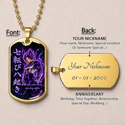 Custom Dragon Ball Ultra Ego Vegeta Dog Tag Necklace - Fall Down Seven Times Stand Up Eight” Stainless Steel Pendant - Anime Gift for DBZ Fans - DRDL106