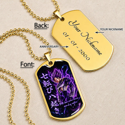 Custom Dragon Ball Ultra Ego Vegeta Dog Tag Necklace - Fall Down Seven Times Stand Up Eight” Stainless Steel Pendant - Anime Gift for DBZ Fans - DRDL106