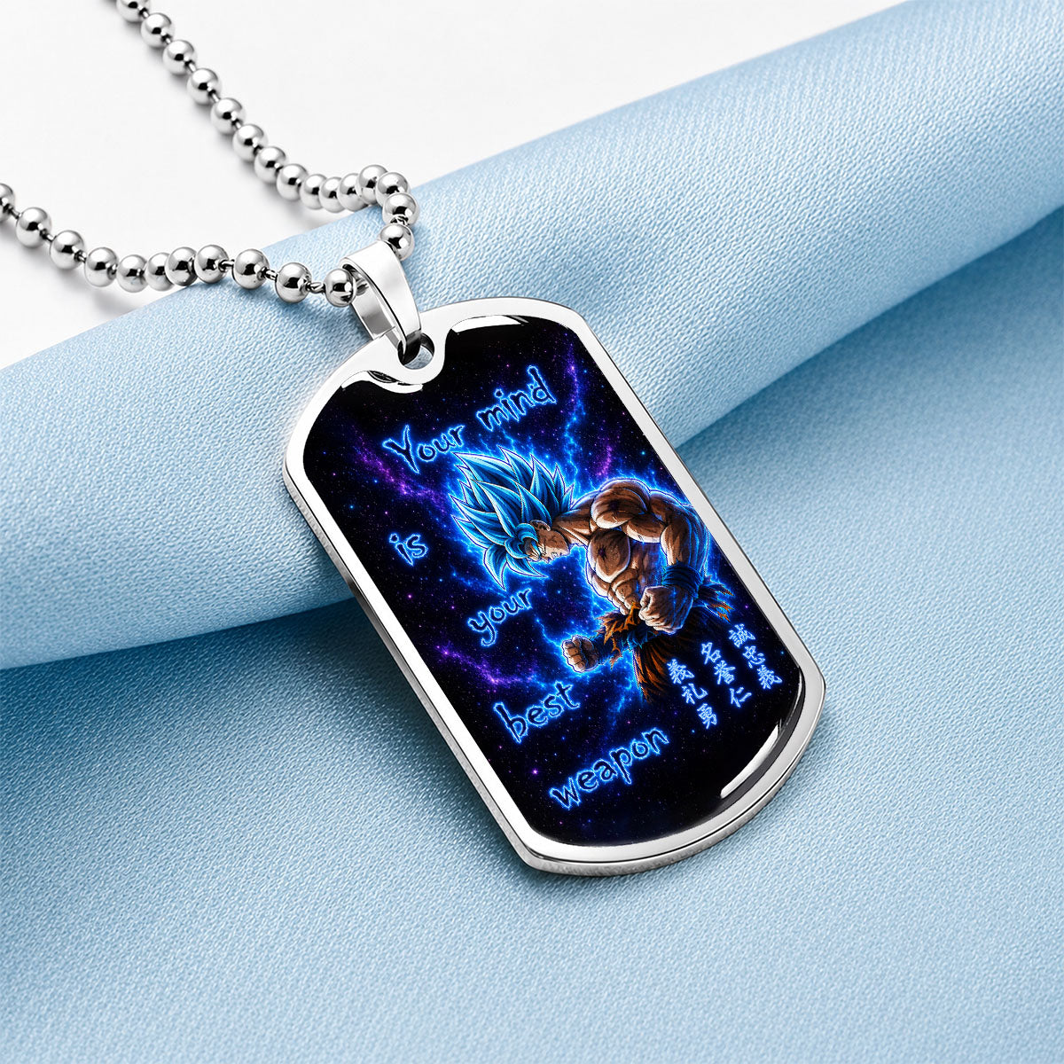 Custom Dragon Ball Super Saiyan Blue Goku Dog Tag Necklace - “Your Mind Is Your Best Weapon” Stainless Steel Pendant - Motivational Gift for DBZ Fans - DRDL108