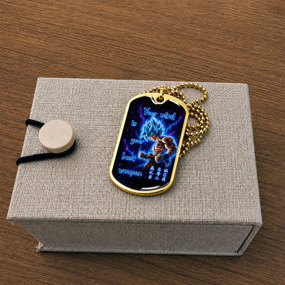 Custom Dragon Ball Super Saiyan Blue Goku Dog Tag Necklace - “Your Mind Is Your Best Weapon” Stainless Steel Pendant - Motivational Gift for DBZ Fans - DRDL108