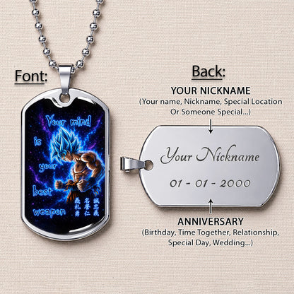 Custom Dragon Ball Super Saiyan Blue Goku Dog Tag Necklace - “Your Mind Is Your Best Weapon” Stainless Steel Pendant - Motivational Gift for DBZ Fans - DRDL108