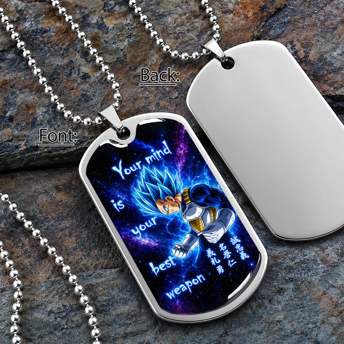 Custom Dragon Ball Super Saiyan Blue Vegeta Dog Tag Necklace - “Your Mind Is Your Best Weapon” Stainless Steel Pendant - Motivational Gift for DBZ Fans - DRDL109