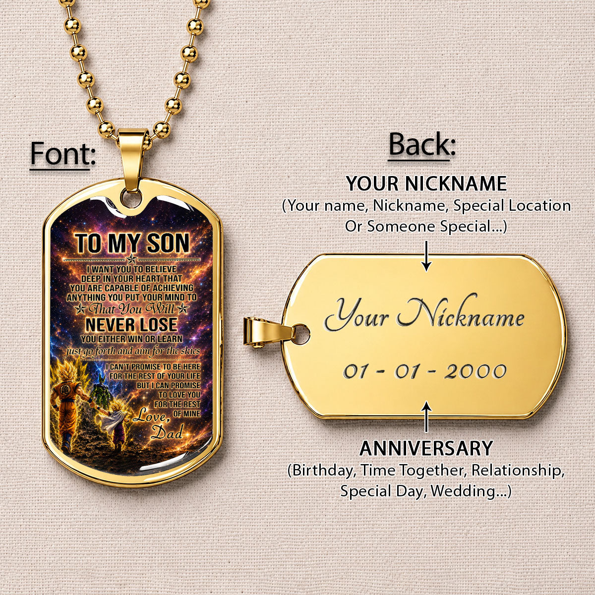 Personalized Dragon Ball Goku & Gohan Dog Tag Necklace - "To My Son From Dad" Stainless Steel Pendant - Meaningful Anime Gift for DBZ Fans - DRDL113